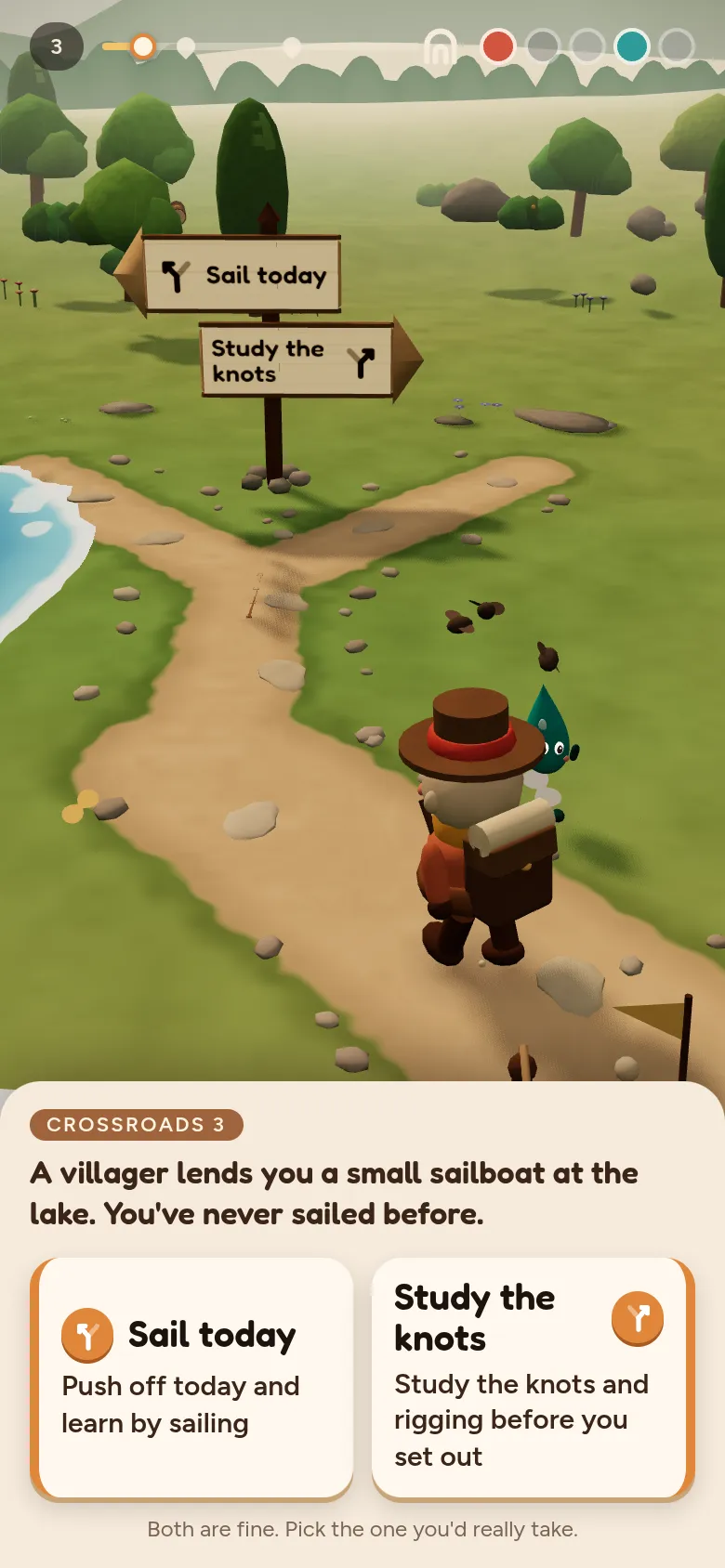 A crossroads by the lake: two signed paths and the question card