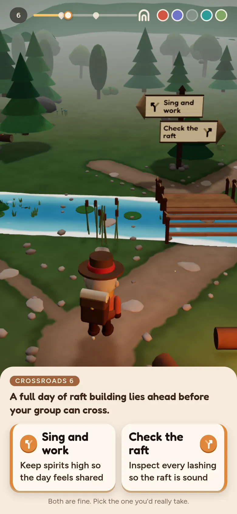 The traveler walks toward a raft crossing