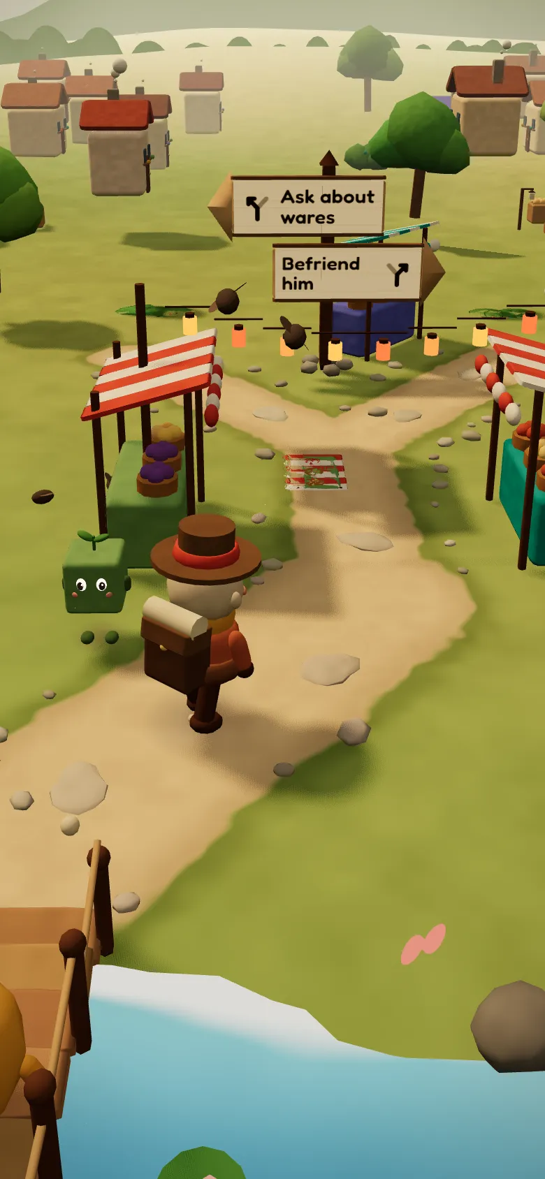 The traveler walks through a market town with companions